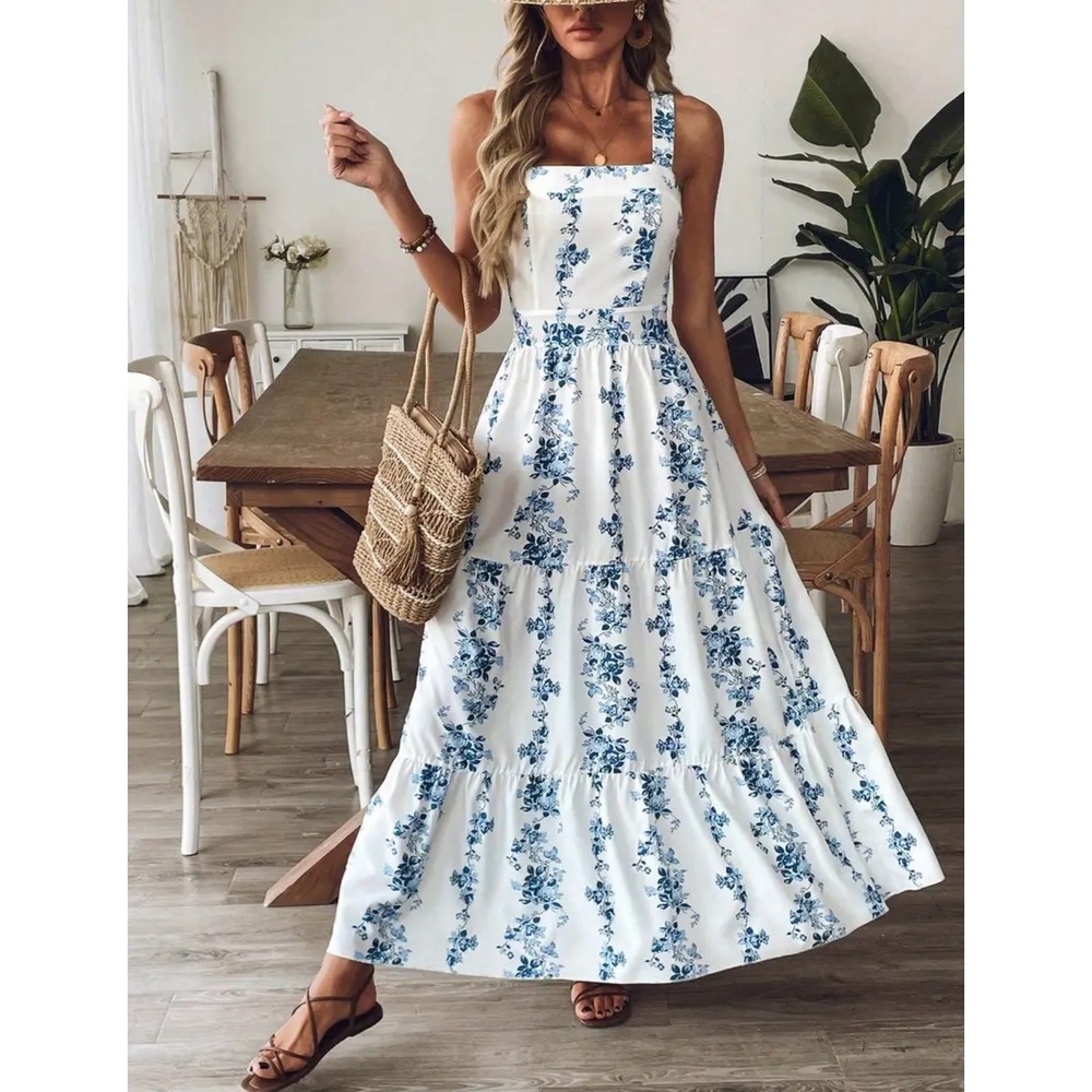SHEIN White Maxi Dress with Blue Floral Print
